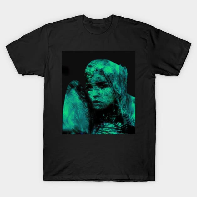 Beautiful girl, warrior with a shield, knight. Dark but beautiful. Blue and green. T-Shirt by 234TeeUser234